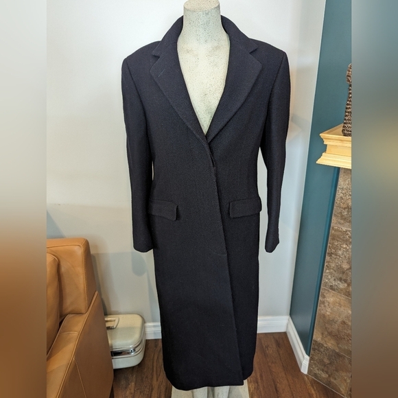 Harry Rosen Crombie Scotland pure virgin wool trench coat black/blue weave Sz M - Picture 4 of 17